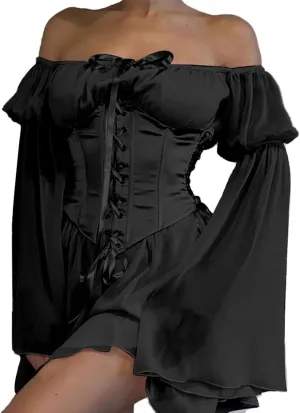 ETATNG Womens Two Piece Corset Dress Off Shoulder Bell Sleeve Summer Party Lace Up Bustier Dress