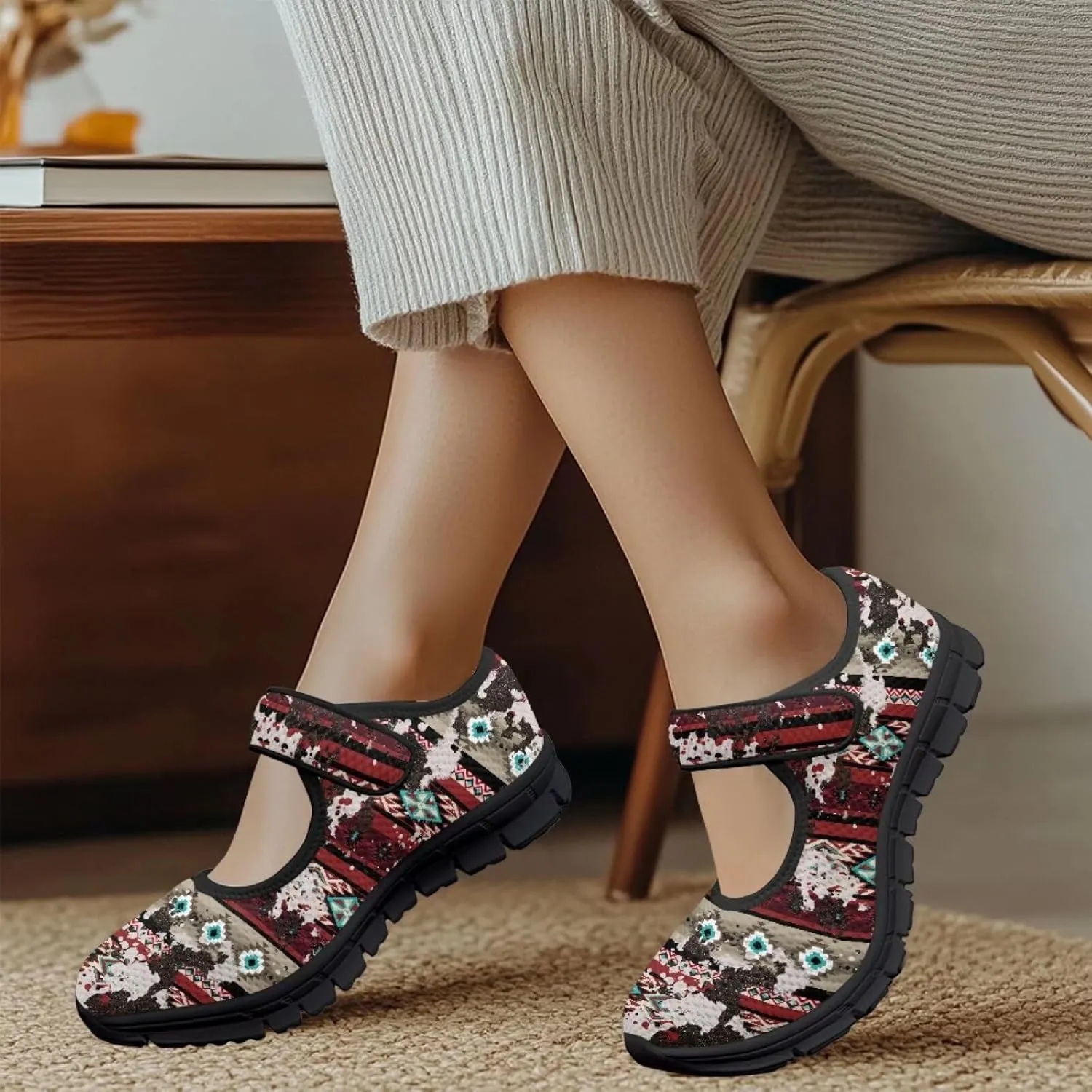 Ethnic Tribe Canvas Women's Mary Jane Flat Shoes Princess Shoe Dress Dance Shoes Breathable Ballet Flats