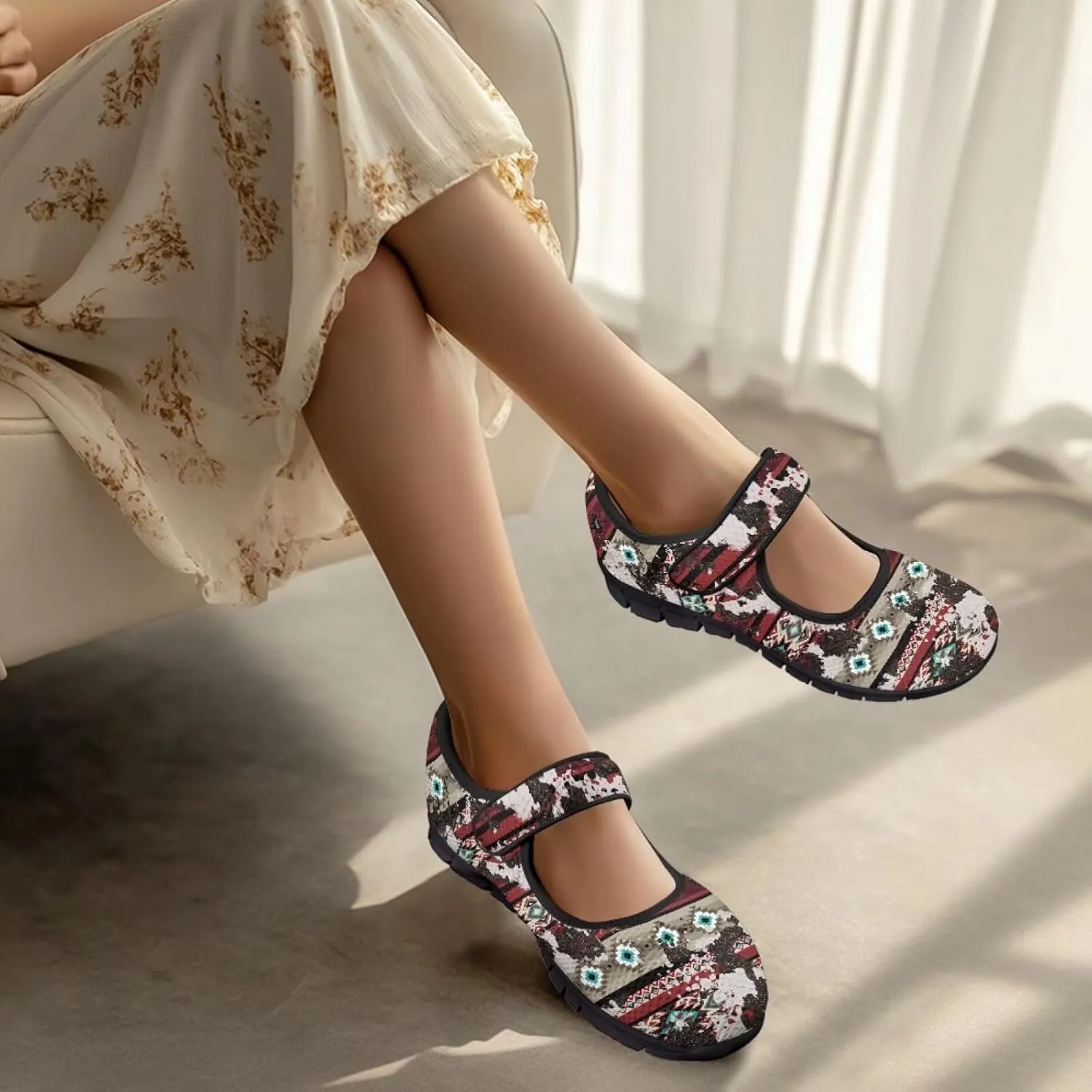 Ethnic Tribe Canvas Women's Mary Jane Flat Shoes Princess Shoe Dress Dance Shoes Breathable Ballet Flats