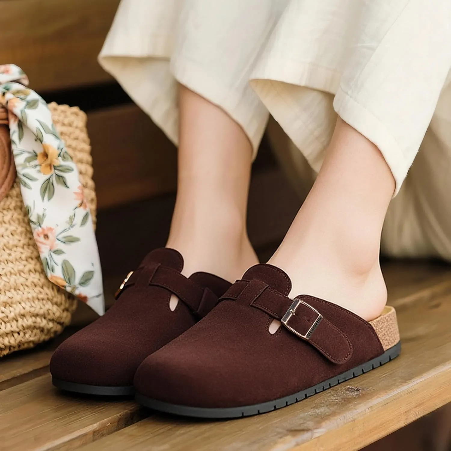 EVELLYHOOTD Clogs for Women Comfortable Suede Clogs Leather Mules Cork Footbed Sandals with Arch Support