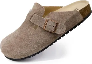 EVELLYHOOTD Clogs for Women Comfortable Suede Clogs Leather Mules Cork Footbed Sandals with Arch Support