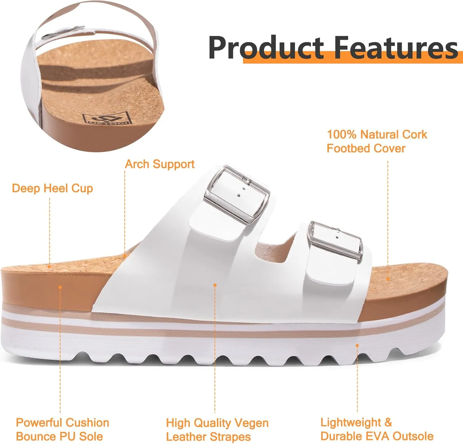 Flatform Platform Sandals Women Arch Support Beach Slides Orthotic Summer Causal Cork Footbed Adjustable Lightweight Thick Sole Comfortable Fashion Slip on Cushion Cute 2 Strap