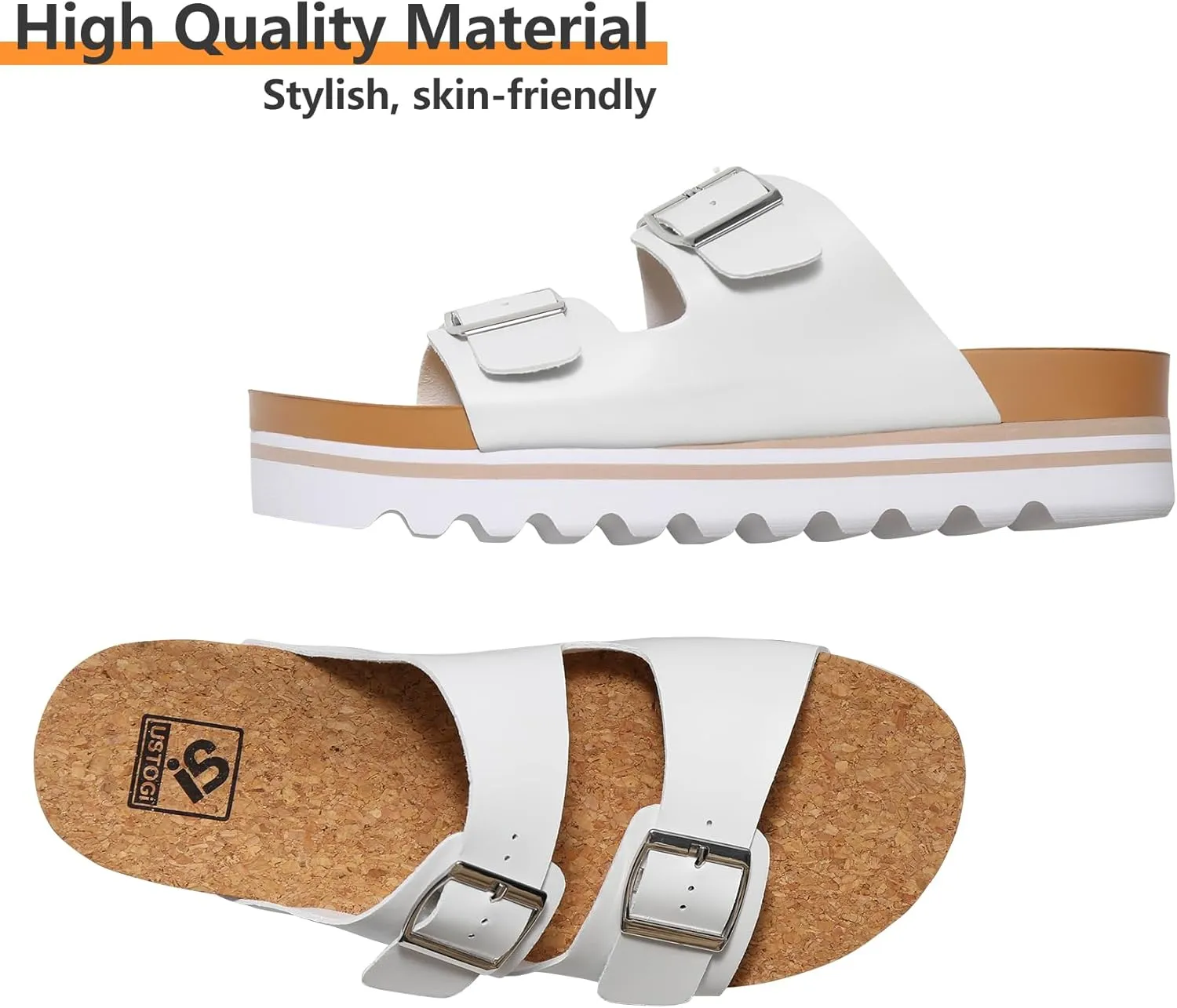 Flatform Platform Sandals Women Arch Support Beach Slides Orthotic Summer Causal Cork Footbed Adjustable Lightweight Thick Sole Comfortable Fashion Slip on Cushion Cute 2 Strap