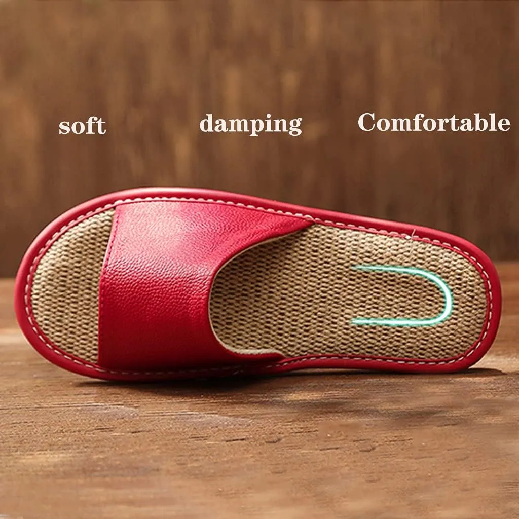 Flax Tatami Slippers Leather Sandals for Women Linen Summer Beach Shoes for Men’s Sandals House Shoes Breathable/Silent/Slip/wear-Resistant Slippers No-Slip Indoor Slippers Open Toe