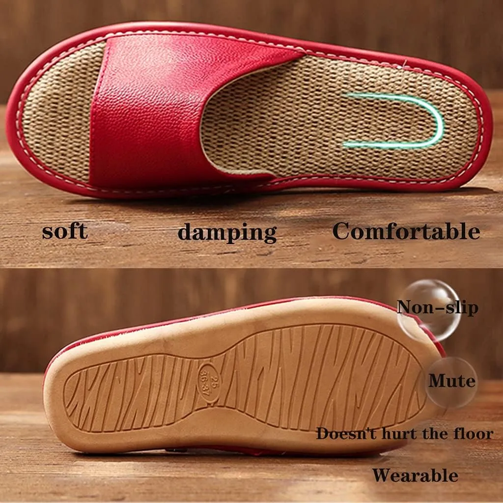 Flax Tatami Slippers Leather Sandals for Women Linen Summer Beach Shoes for Men’s Sandals House Shoes Breathable/Silent/Slip/wear-Resistant Slippers No-Slip Indoor Slippers Open Toe