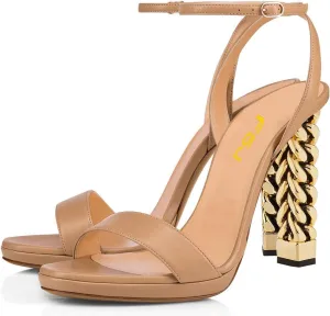 FSJ Women Gold Metal Chain Thick High Heel Sandals Open Toe Strappy Ankle Buckle Strap Slingback Comfy Summer Dress Shoes Silver Black 4-15 US