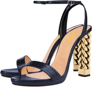 FSJ Women Gold Metal Chain Thick High Heel Sandals Open Toe Strappy Ankle Buckle Strap Slingback Comfy Summer Dress Shoes Silver Black 4-15 US