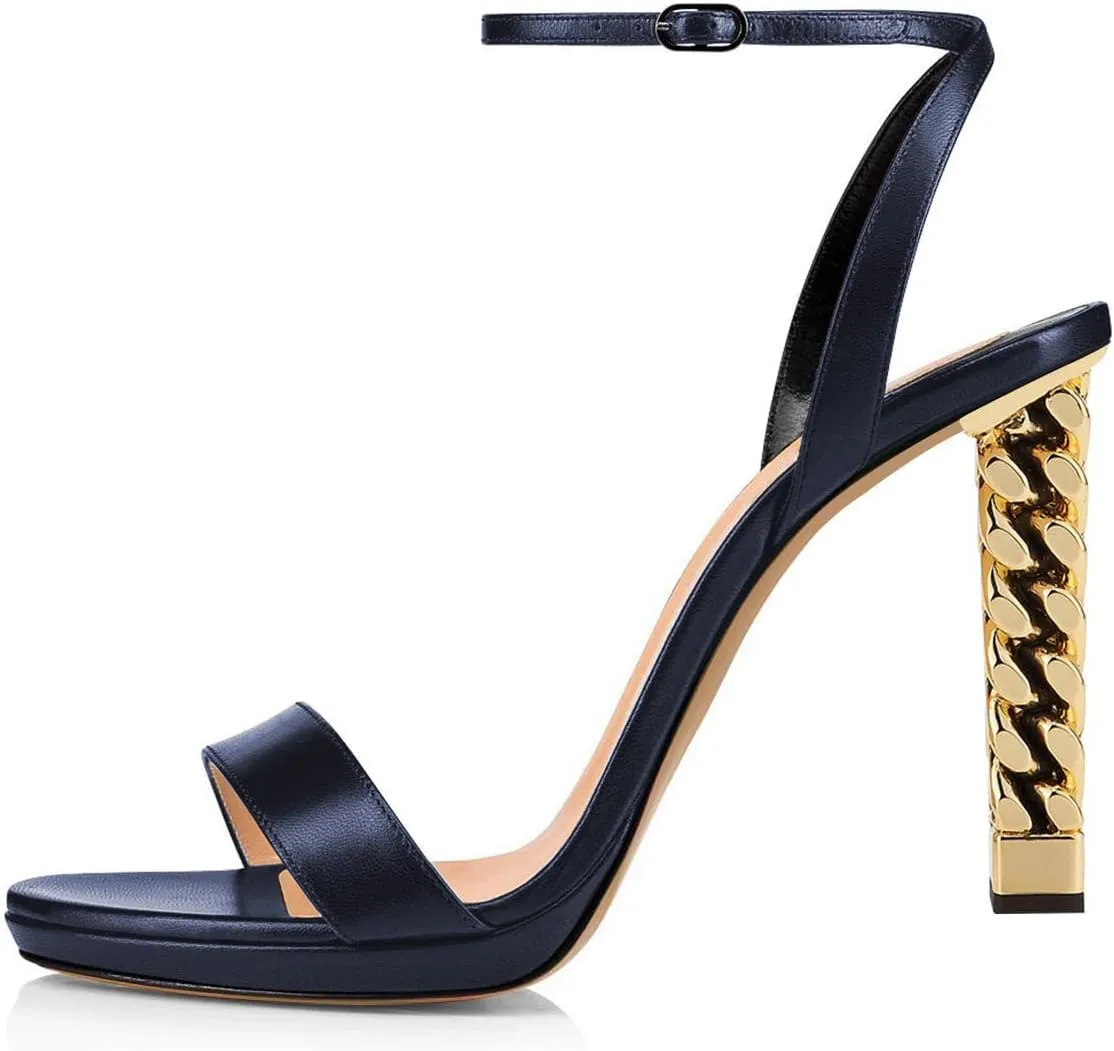 FSJ Women Gold Metal Chain Thick High Heel Sandals Open Toe Strappy Ankle Buckle Strap Slingback Comfy Summer Dress Shoes Silver Black 4-15 US