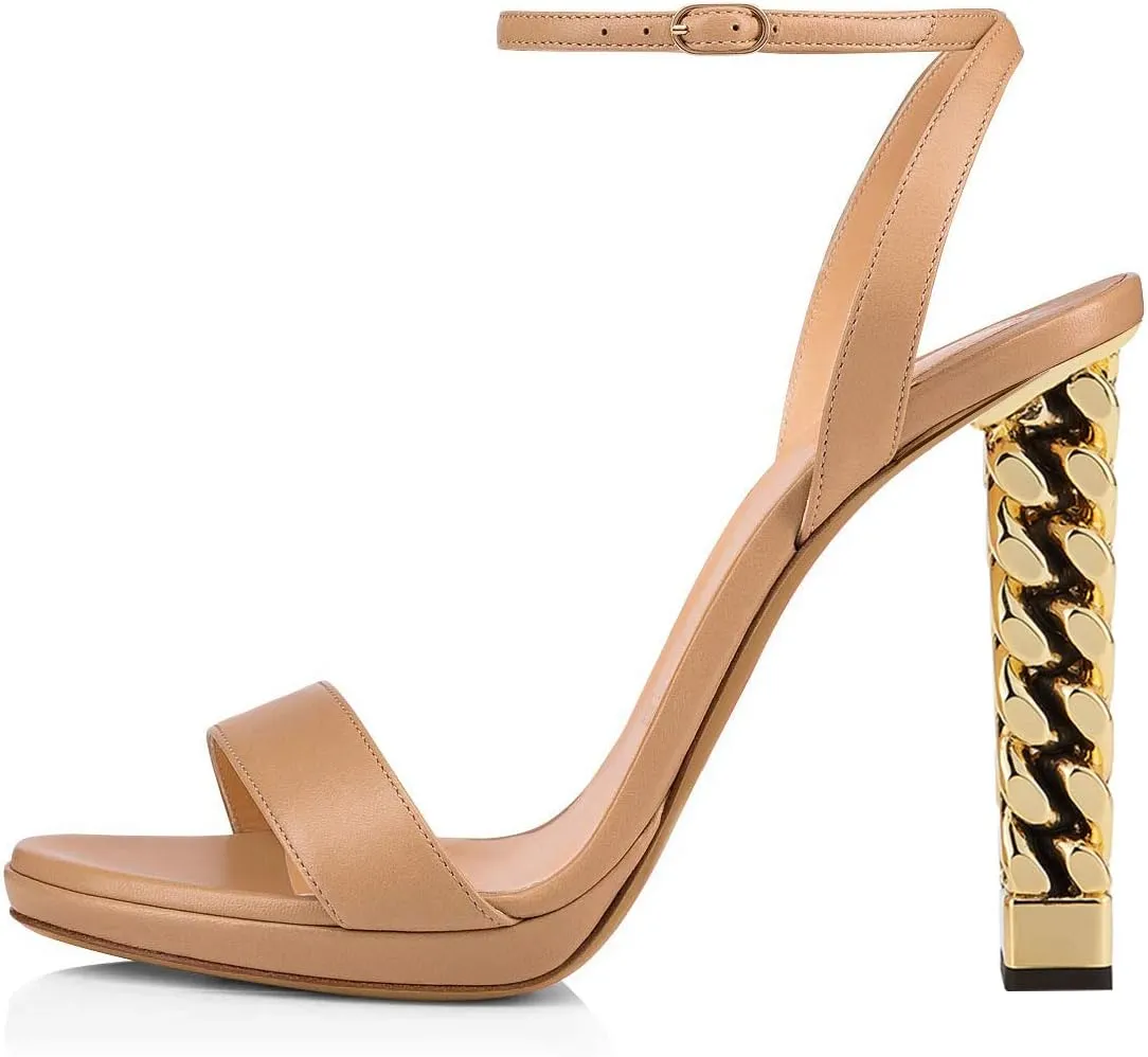 FSJ Women Gold Metal Chain Thick High Heel Sandals Open Toe Strappy Ankle Buckle Strap Slingback Comfy Summer Dress Shoes Silver Black 4-15 US