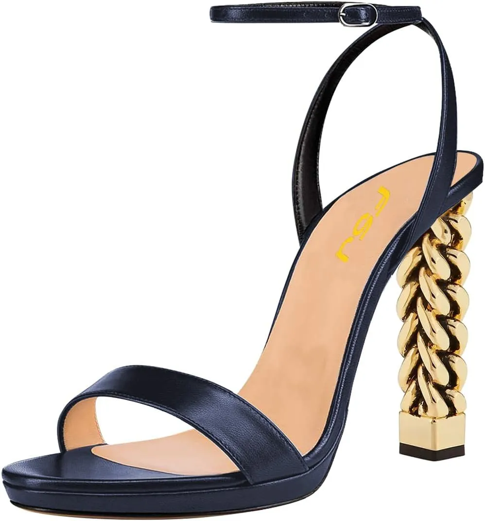 FSJ Women Gold Metal Chain Thick High Heel Sandals Open Toe Strappy Ankle Buckle Strap Slingback Comfy Summer Dress Shoes Silver Black 4-15 US