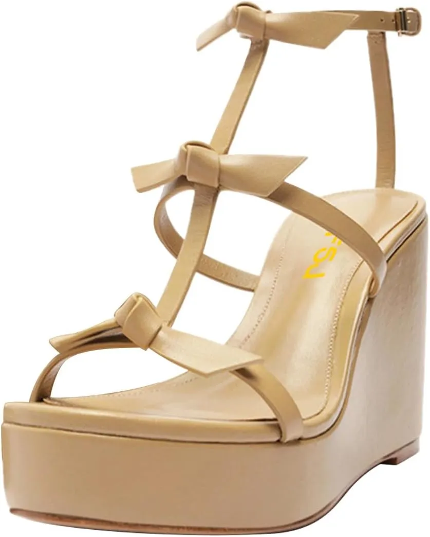 FSJ Women High Heels Platform Wedge Heel Sandals Sexy Open Toe Gladiator T Strap Bow Summer Walking Dressy Shoes Size 4-16 US