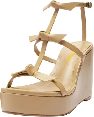 FSJ Women High Heels Platform Wedge Heel Sandals Sexy Open Toe Gladiator T Strap Bow Summer Walking Dressy Shoes Size 4-16 US