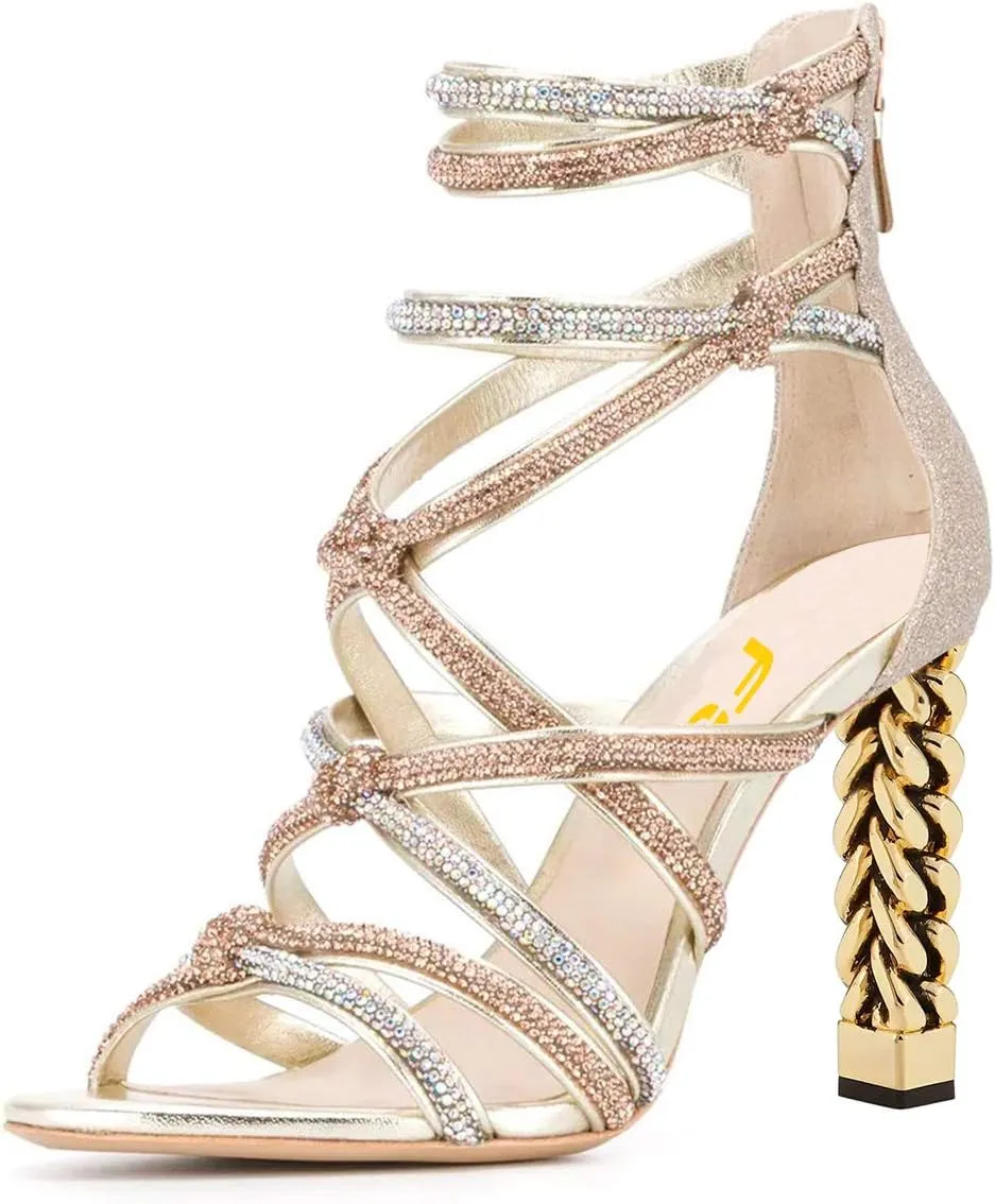 FSJ Women High Heels Strappy Ankle Straps Sandals Open Toe Back Zip Rhinestones Glitter Pumps Gold Chain Strappy Shoes Size 4-15 US