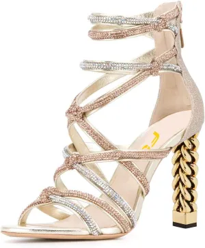 FSJ Women High Heels Strappy Ankle Straps Sandals Open Toe Back Zip Rhinestones Glitter Pumps Gold Chain Strappy Shoes Size 4-15 US