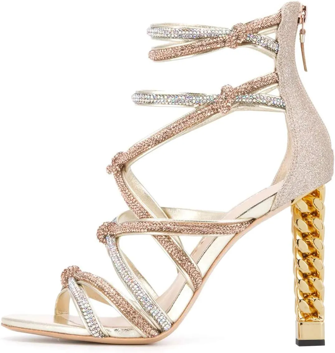 FSJ Women High Heels Strappy Ankle Straps Sandals Open Toe Back Zip Rhinestones Glitter Pumps Gold Chain Strappy Shoes Size 4-15 US