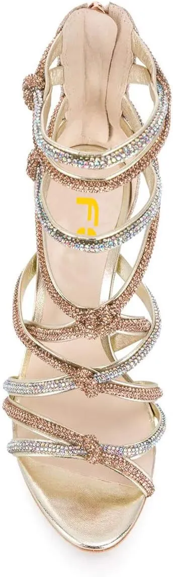FSJ Women High Heels Strappy Ankle Straps Sandals Open Toe Back Zip Rhinestones Glitter Pumps Gold Chain Strappy Shoes Size 4-15 US