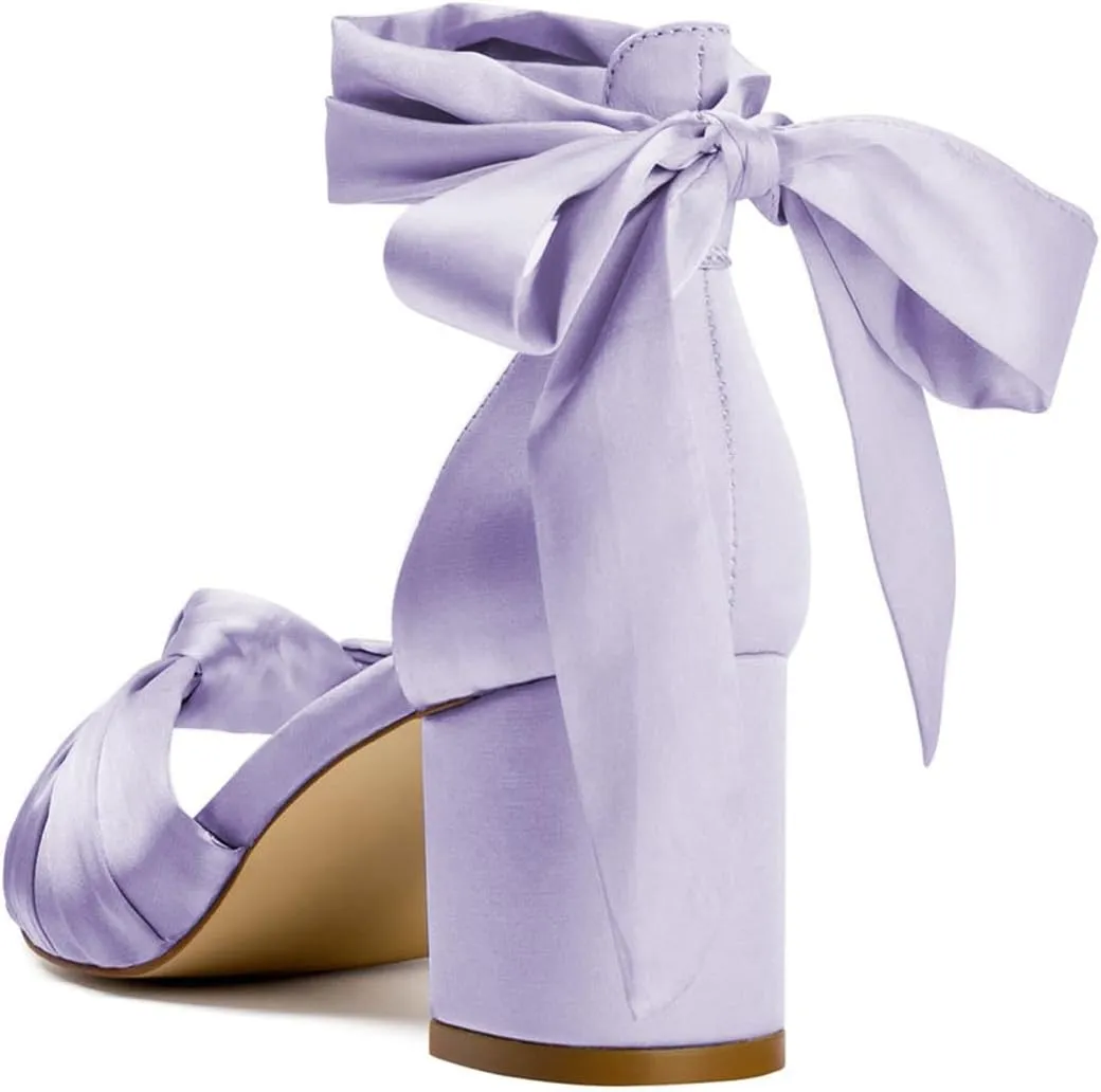 FSJ Women Lace Up Chunky Heel Strappy Sandals Square Open Toe Knot Comfortable Tie Up Block Heel Satin Bride Wedding Dress Shoes Size 4-16 US