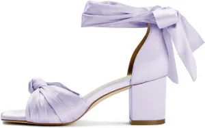 FSJ Women Lace Up Chunky Heel Strappy Sandals Square Open Toe Knot Comfortable Tie Up Block Heel Satin Bride Wedding Dress Shoes Size 4-16 US