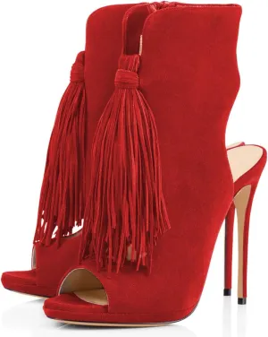 FSJ Women Peep Toe Slingback High Heels Sandals Fringed Ankle Booties Chic Stilettos Tassels Summer Outfits Shoes Size 4-15 US
