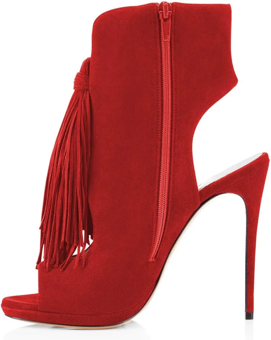 FSJ Women Peep Toe Slingback High Heels Sandals Fringed Ankle Booties Chic Stilettos Tassels Summer Outfits Shoes Size 4-15 US