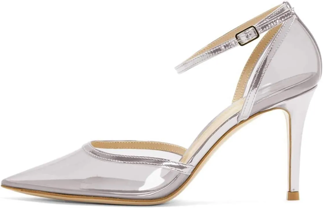 FSJ Women Prom Clear PVC High Heel Sandals Pointed Toe Ankle Strap Pumps D'Orsay Transparent Party Shoes Size 4-15 US