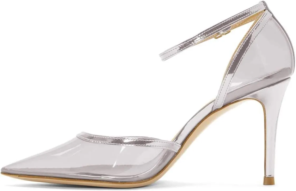 FSJ Women Prom Clear PVC High Heel Sandals Pointed Toe Ankle Strap Pumps D'Orsay Transparent Party Shoes Size 4-15 US