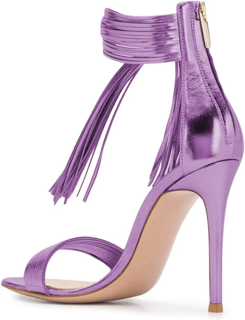 FSJ Women Round Open Toe Sandals Sexy High Heels Pumps Fringed Tassels Lace Ankle Strap D'orsay Cocktail NightClub Party Shoes Size 4-15 US