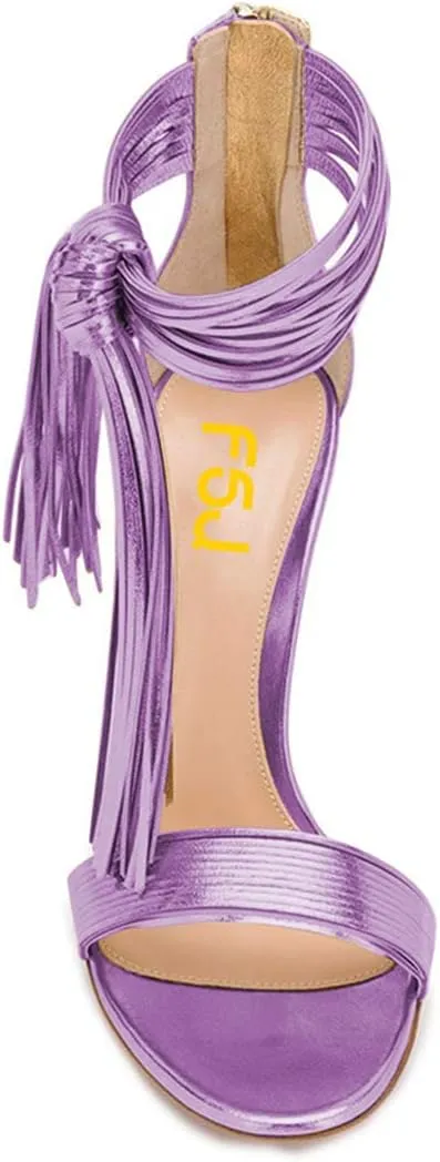 FSJ Women Round Open Toe Sandals Sexy High Heels Pumps Fringed Tassels Lace Ankle Strap D'orsay Cocktail NightClub Party Shoes Size 4-15 US