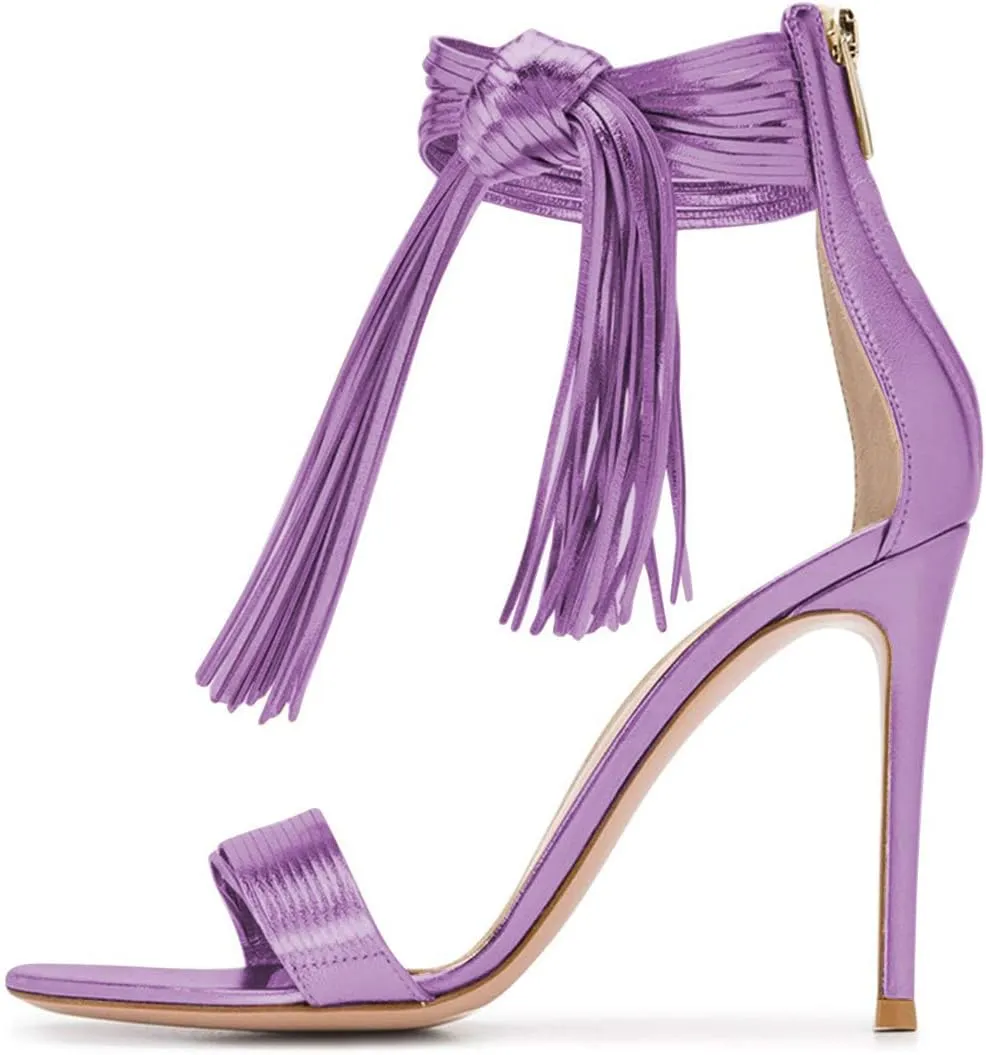 FSJ Women Round Open Toe Sandals Sexy High Heels Pumps Fringed Tassels Lace Ankle Strap D'orsay Cocktail NightClub Party Shoes Size 4-15 US