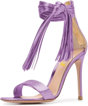 FSJ Women Round Open Toe Sandals Sexy High Heels Pumps Fringed Tassels Lace Ankle Strap D'orsay Cocktail NightClub Party Shoes Size 4-15 US