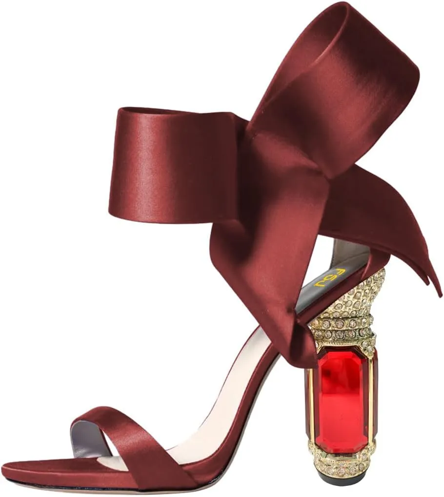 FSJ Women Side Bow Chunky Crystal High Heel Sandals Open Toe Ankle Strap Buckle Thick Heel Cute Wedding Party Prom Dress Shoes Size 4-15 US