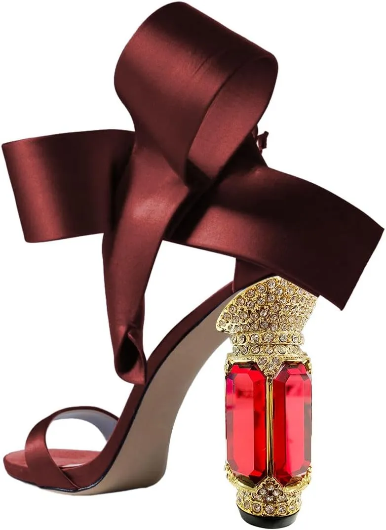 FSJ Women Side Bow Chunky Crystal High Heel Sandals Open Toe Ankle Strap Buckle Thick Heel Cute Wedding Party Prom Dress Shoes Size 4-15 US