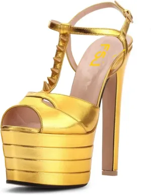 FSJ Women Super High Platform High Heels Sandals Peep Toe T-strap Studded Rivets Chunky Heel Ankle Strap Fashion Party Dress Shoes Size 4-15 US