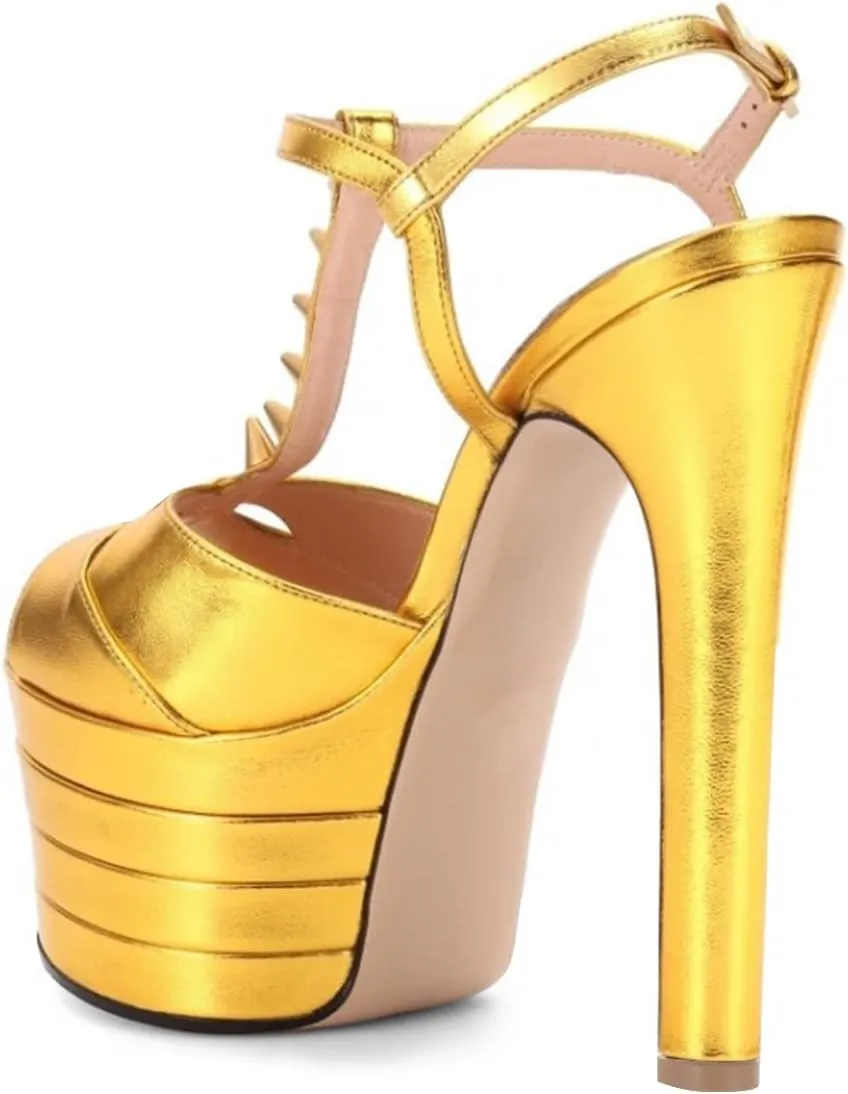 FSJ Women Super High Platform High Heels Sandals Peep Toe T-strap Studded Rivets Chunky Heel Ankle Strap Fashion Party Dress Shoes Size 4-15 US