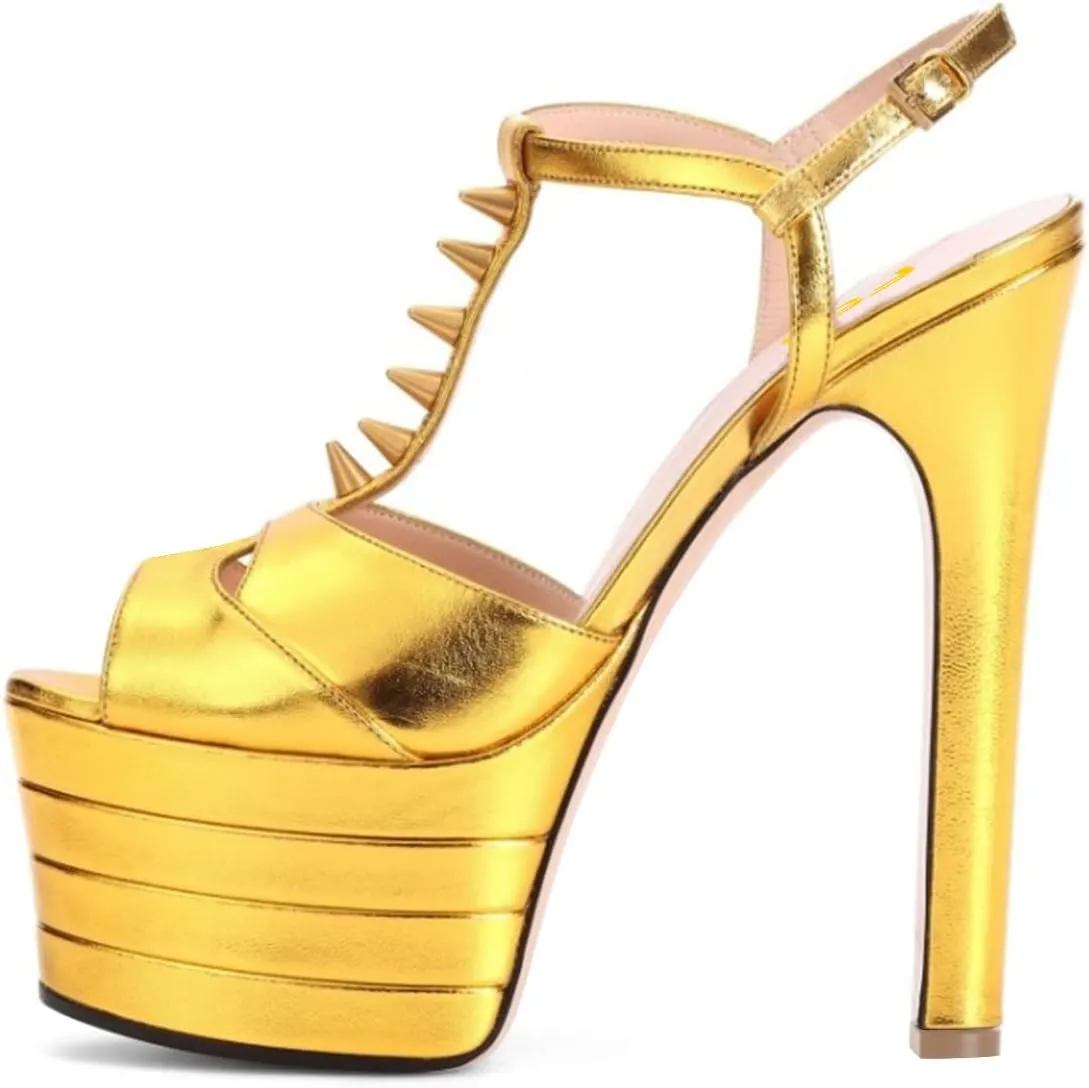 FSJ Women Super High Platform High Heels Sandals Peep Toe T-strap Studded Rivets Chunky Heel Ankle Strap Fashion Party Dress Shoes Size 4-15 US