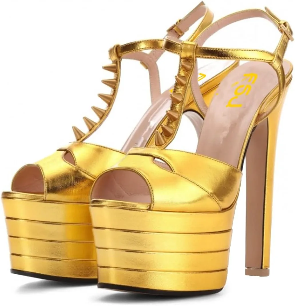 FSJ Women Super High Platform High Heels Sandals Peep Toe T-strap Studded Rivets Chunky Heel Ankle Strap Fashion Party Dress Shoes Size 4-15 US