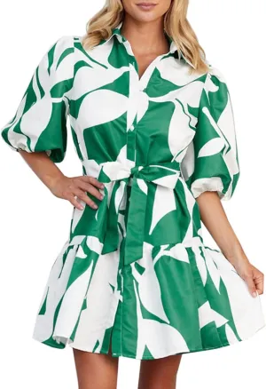 futurino Women Single Breasted A-line Dress, Floral Printed Boho Style Lantern Short Sleeve with Belt Summer Dress
