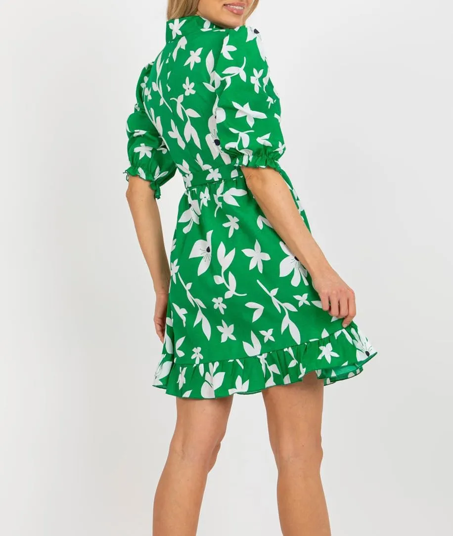 futurino Women Single Breasted A-line Dress, Floral Printed Boho Style Lantern Short Sleeve with Belt Summer Dress