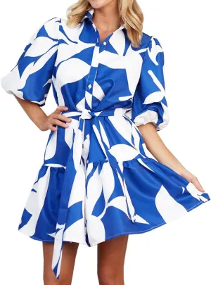 futurino Women Single Breasted A-line Dress, Floral Printed Boho Style Lantern Short Sleeve with Belt Summer Dress