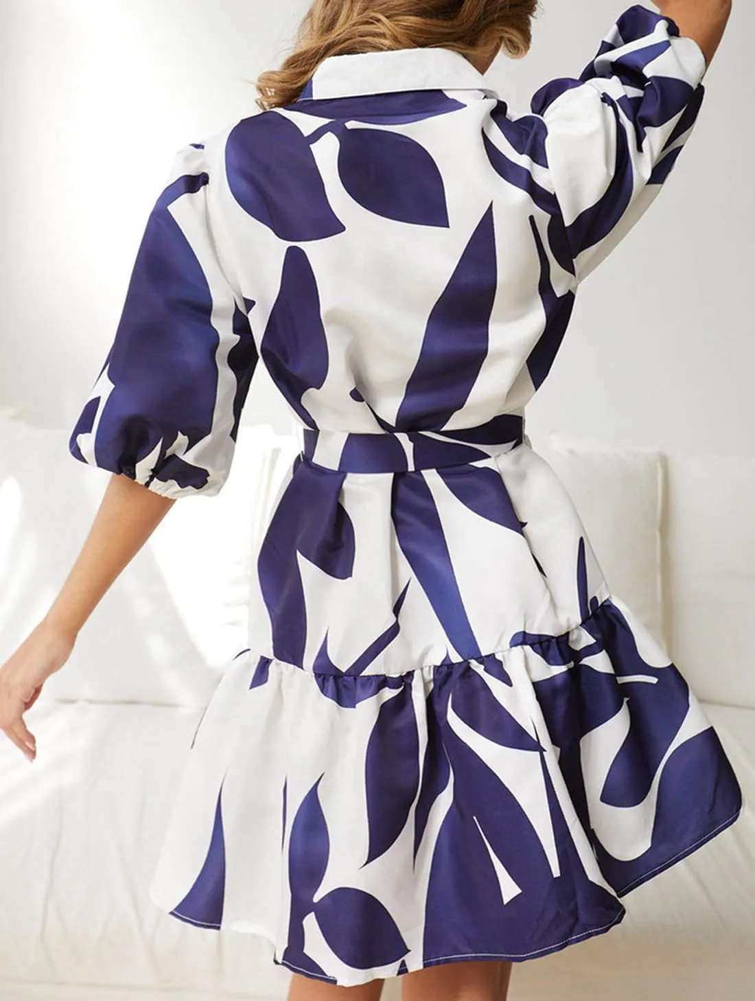 futurino Women Single Breasted A-line Dress, Floral Printed Boho Style Lantern Short Sleeve with Belt Summer Dress