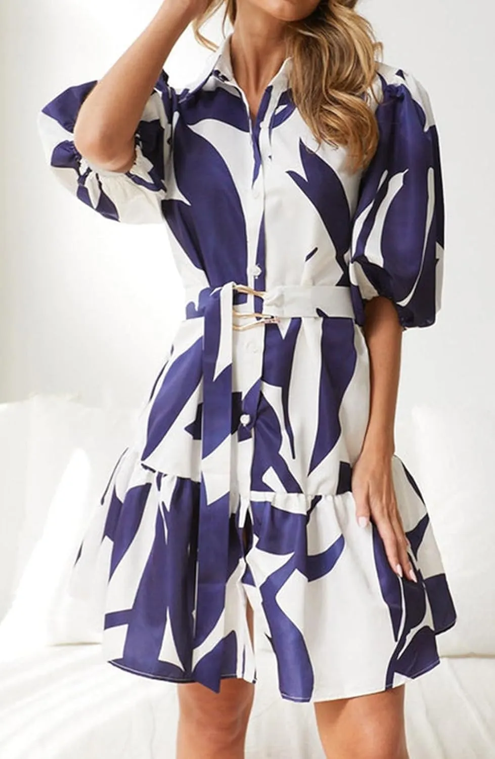 futurino Women Single Breasted A-line Dress, Floral Printed Boho Style Lantern Short Sleeve with Belt Summer Dress