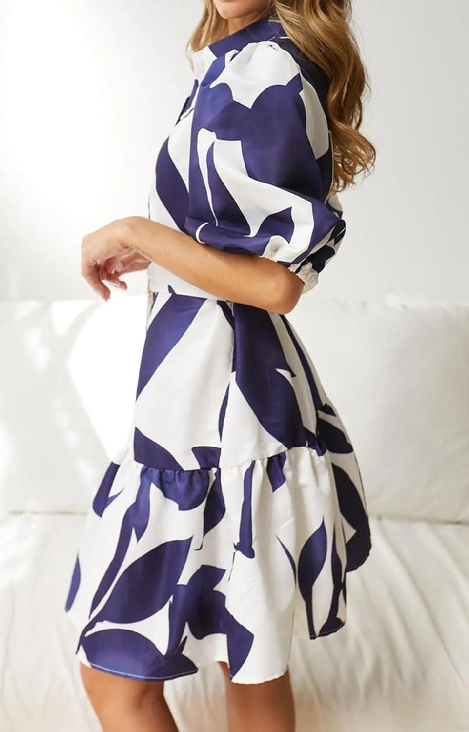 futurino Women Single Breasted A-line Dress, Floral Printed Boho Style Lantern Short Sleeve with Belt Summer Dress