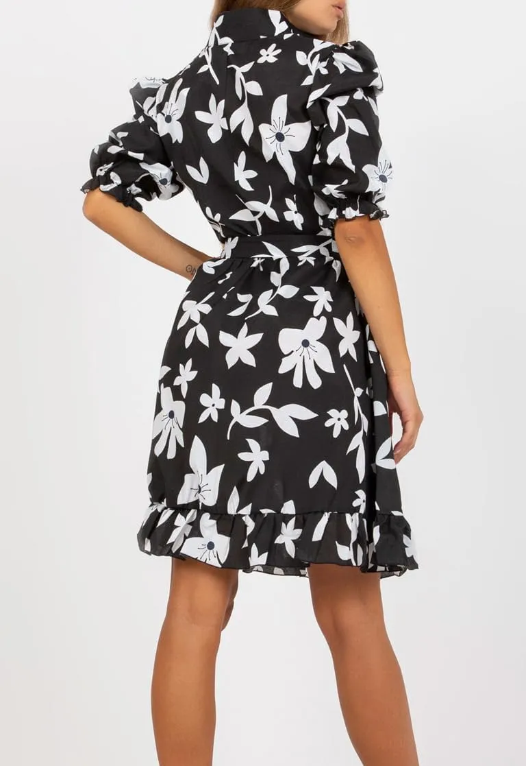 futurino Women Single Breasted A-line Dress, Floral Printed Boho Style Lantern Short Sleeve with Belt Summer Dress