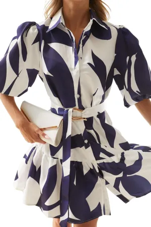 futurino Women Single Breasted A-line Dress, Floral Printed Boho Style Lantern Short Sleeve with Belt Summer Dress