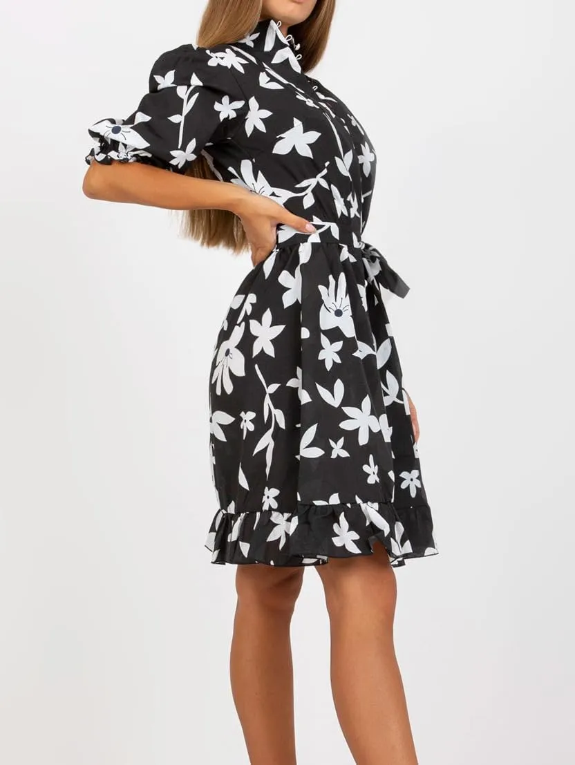 futurino Women Single Breasted A-line Dress, Floral Printed Boho Style Lantern Short Sleeve with Belt Summer Dress