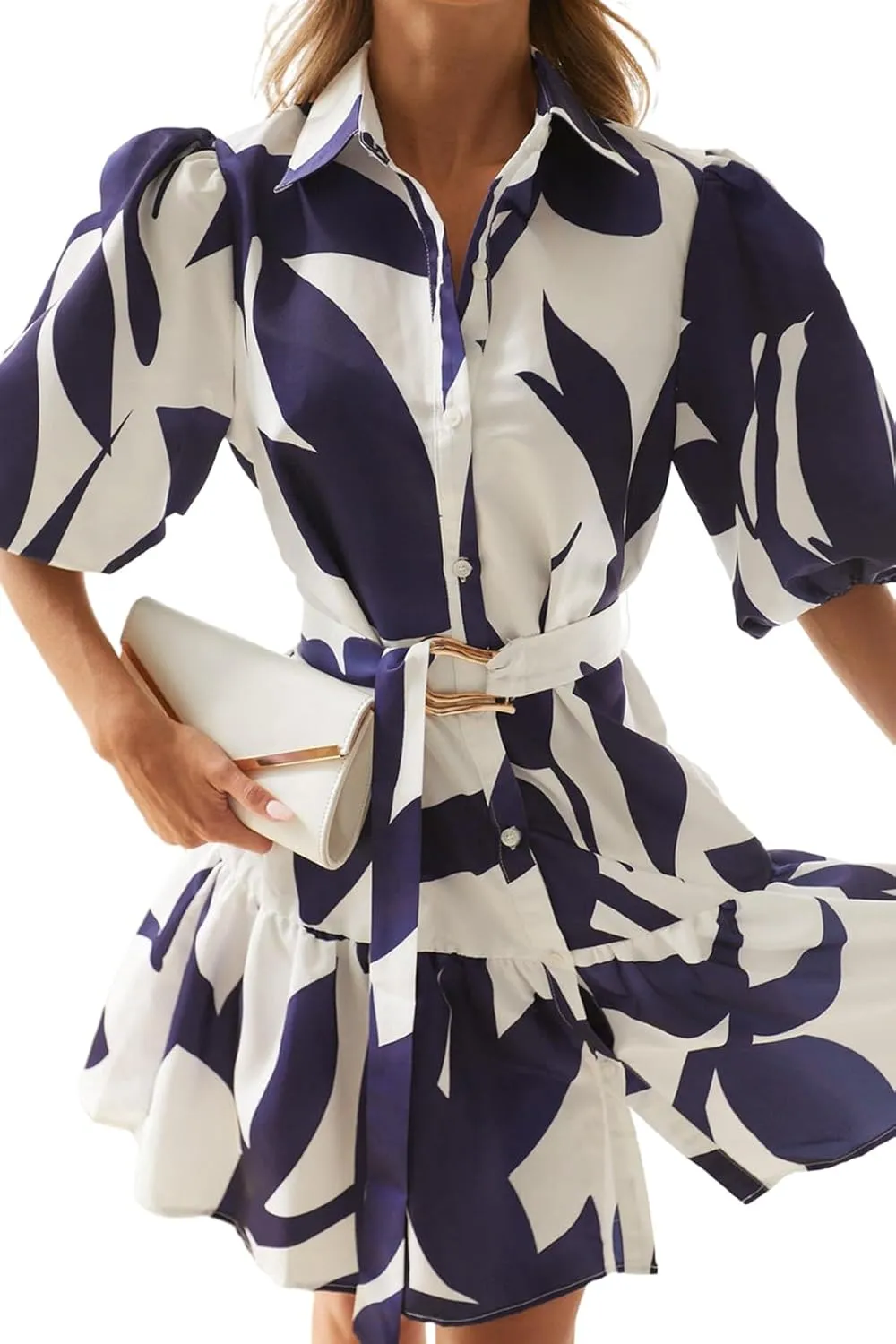 futurino Women Single Breasted A-line Dress, Floral Printed Boho Style Lantern Short Sleeve with Belt Summer Dress