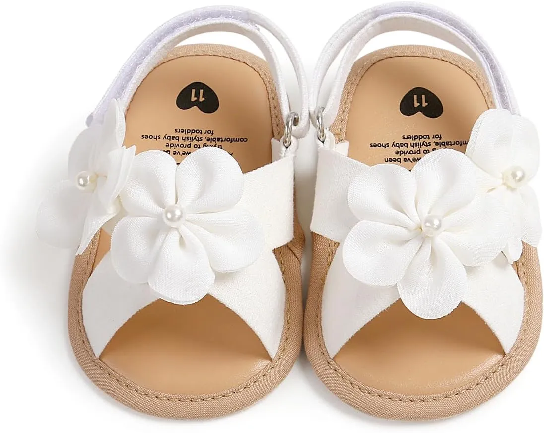 GDSDYM Infant Baby Girls Summer Sandals with Flower Bowknot Soft Sole Wedding Dress Flats Newborn First Walkers Crib Dress Shoes