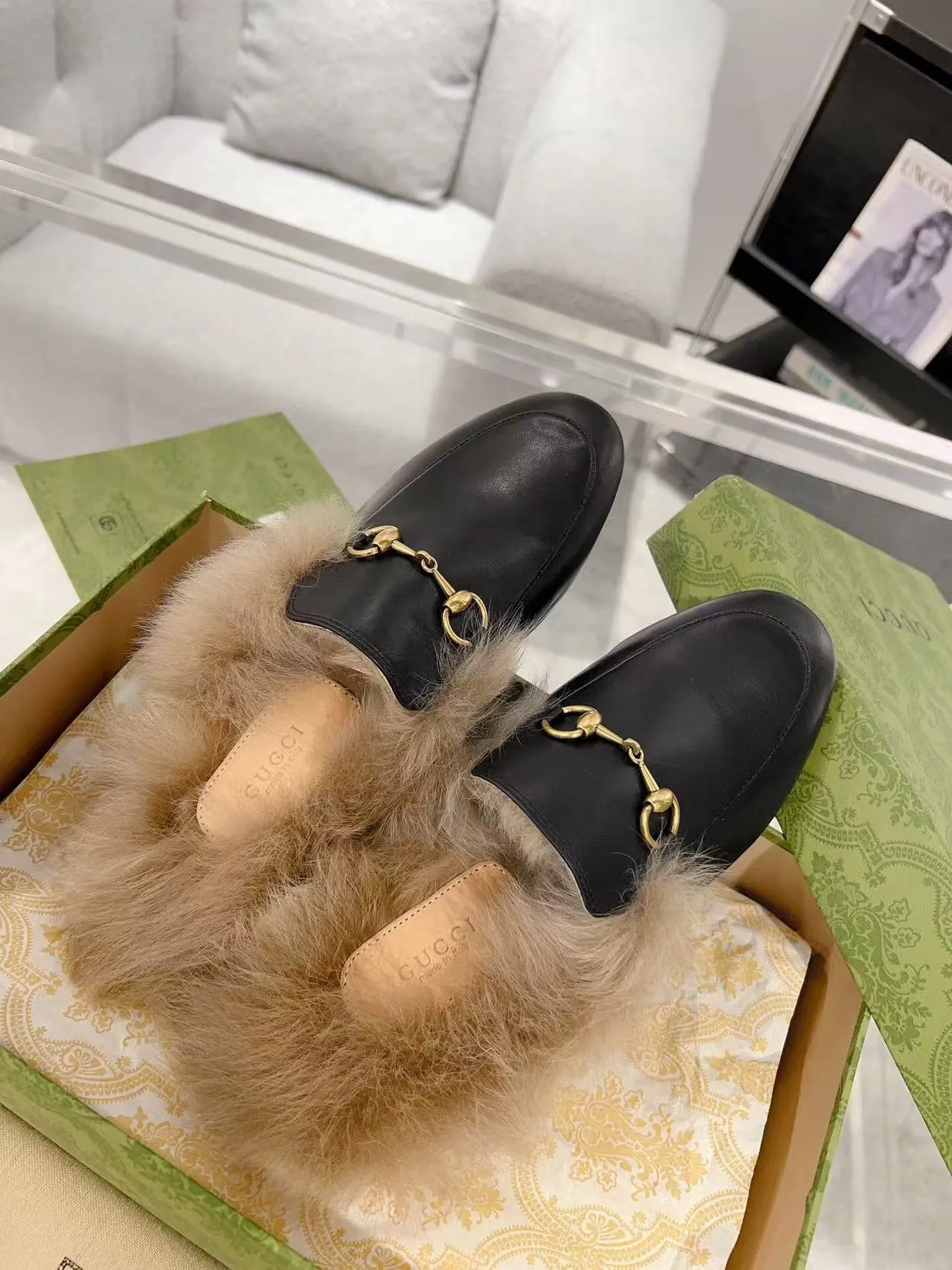 GG Princetown Slipper Black Calfskin Tuscan Wool