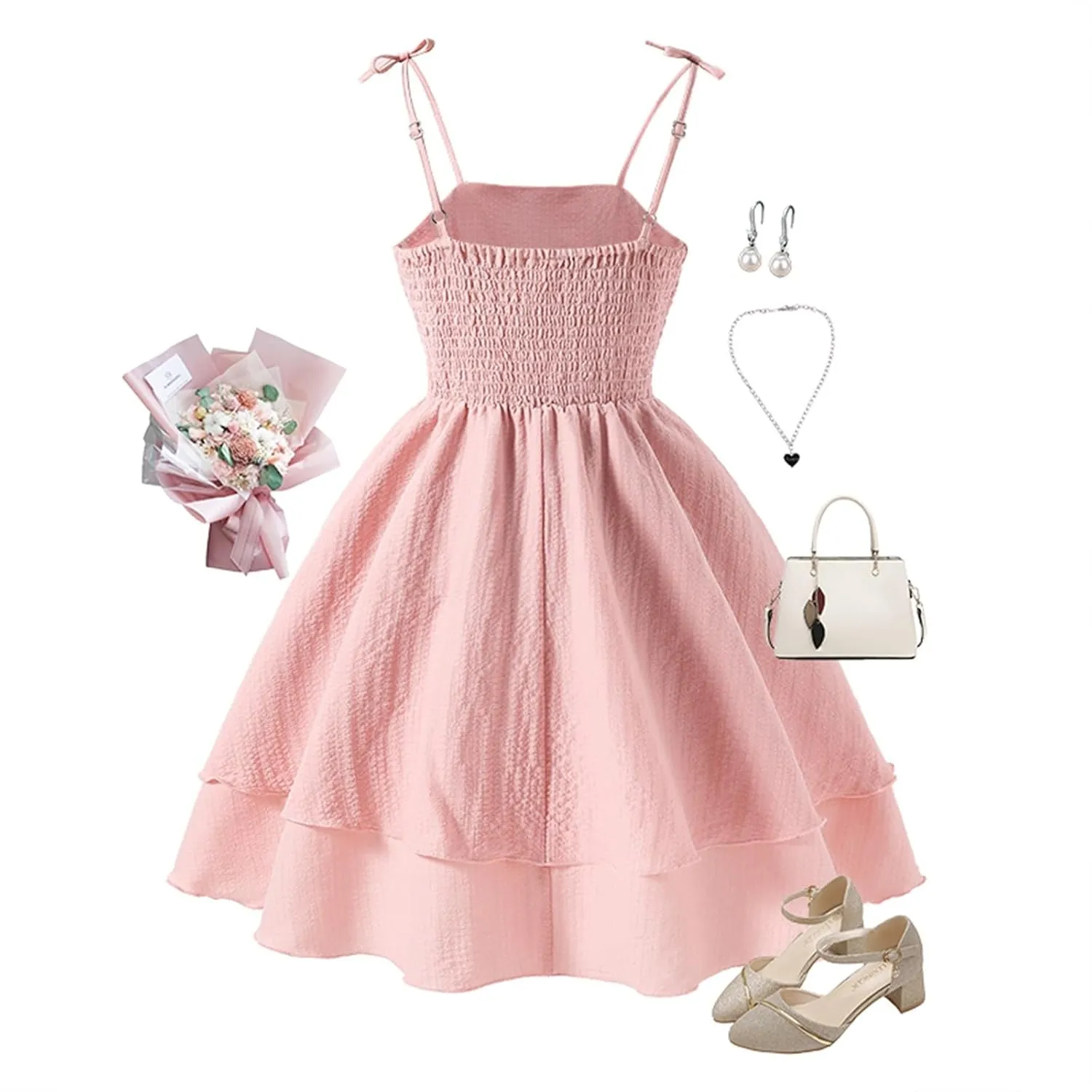 Girl's Smocked Ruched A Line Swing Dress Layered Tie Shoulder Flowy Cami Dress