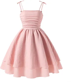 Girl's Smocked Ruched A Line Swing Dress Layered Tie Shoulder Flowy Cami Dress